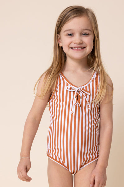 Girl's Tie One Piece | Terracotta Stripe