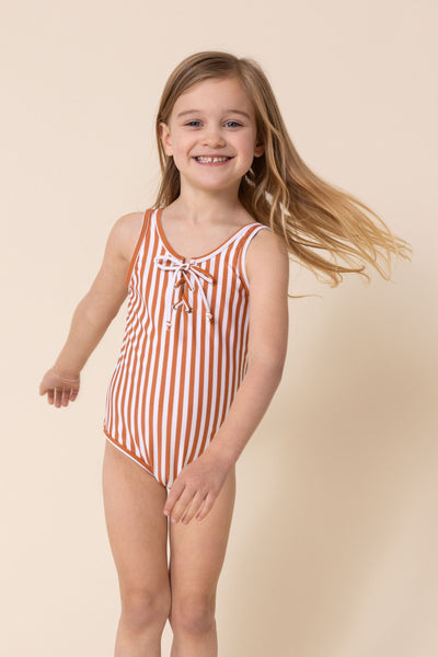 Girl's Tie One Piece | Terracotta Stripe