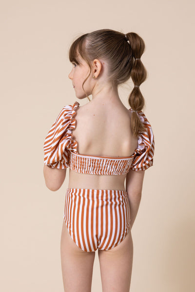 Girl's Sleeved Bikini | Terracotta Stripe