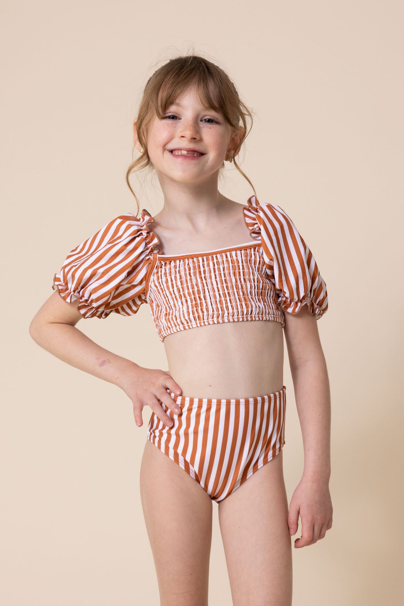 Girl's Sleeved Bikini | Terracotta Stripe