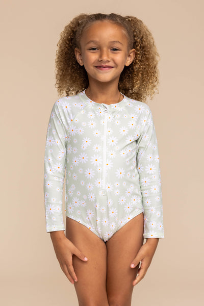 Girl's Zip Up Rashguard | Green Daisy