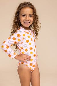 Girl's Zip Up Rashguard | Yellow/Orange Floral