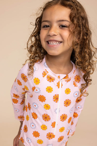 Girl's Zip Up Rashguard | Yellow/Orange Floral